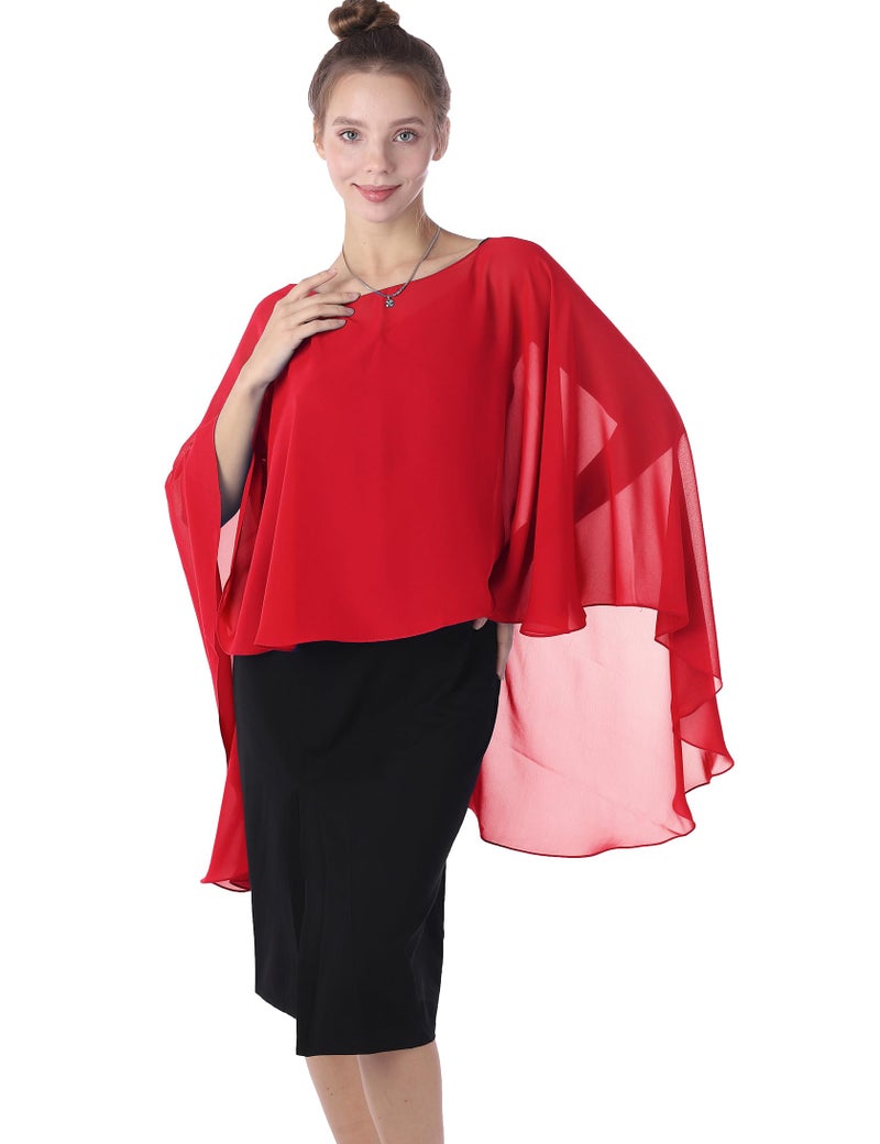 Baoqiya Chiffon Capes Sheer Capelets Bridal Shawls And Wraps Cape Long Plus Size Poncho Cape For Women (Red) - Image 3